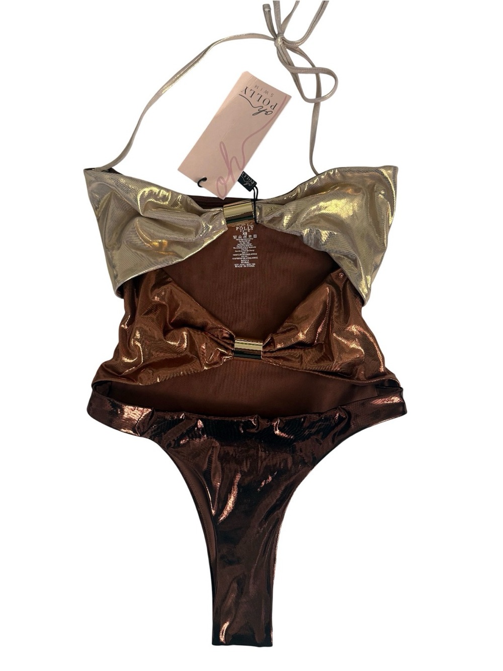 NEW Oh Polly Metallic Two Tone Bow One Piece Swimsuit Bronze & Pearl XS
